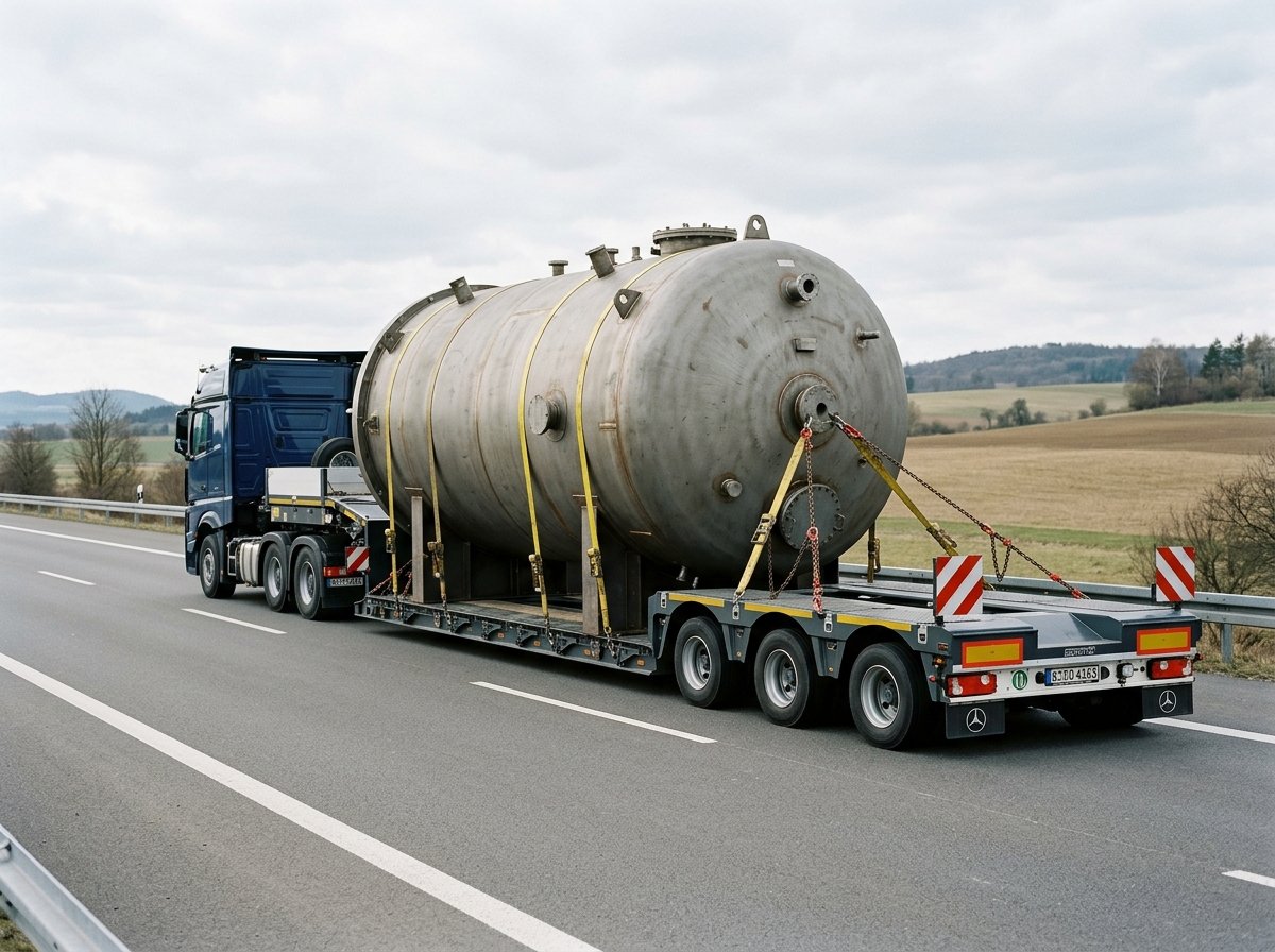 Caminhão azul puxando prancha rebaixada carregada com tanque cilíndrico em rodovia