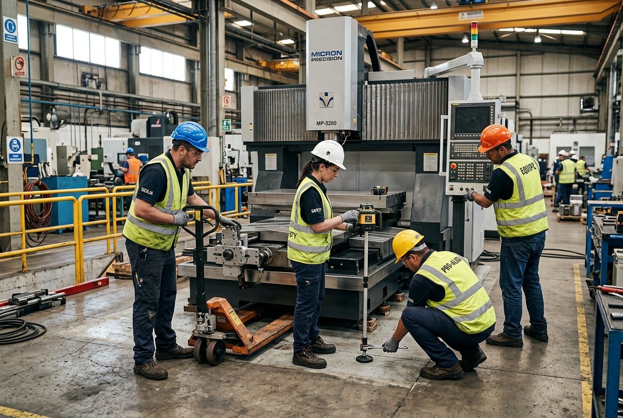 Equipe de trabalhadores com EPI completo posicionando equipamento pesado em uma fábrica