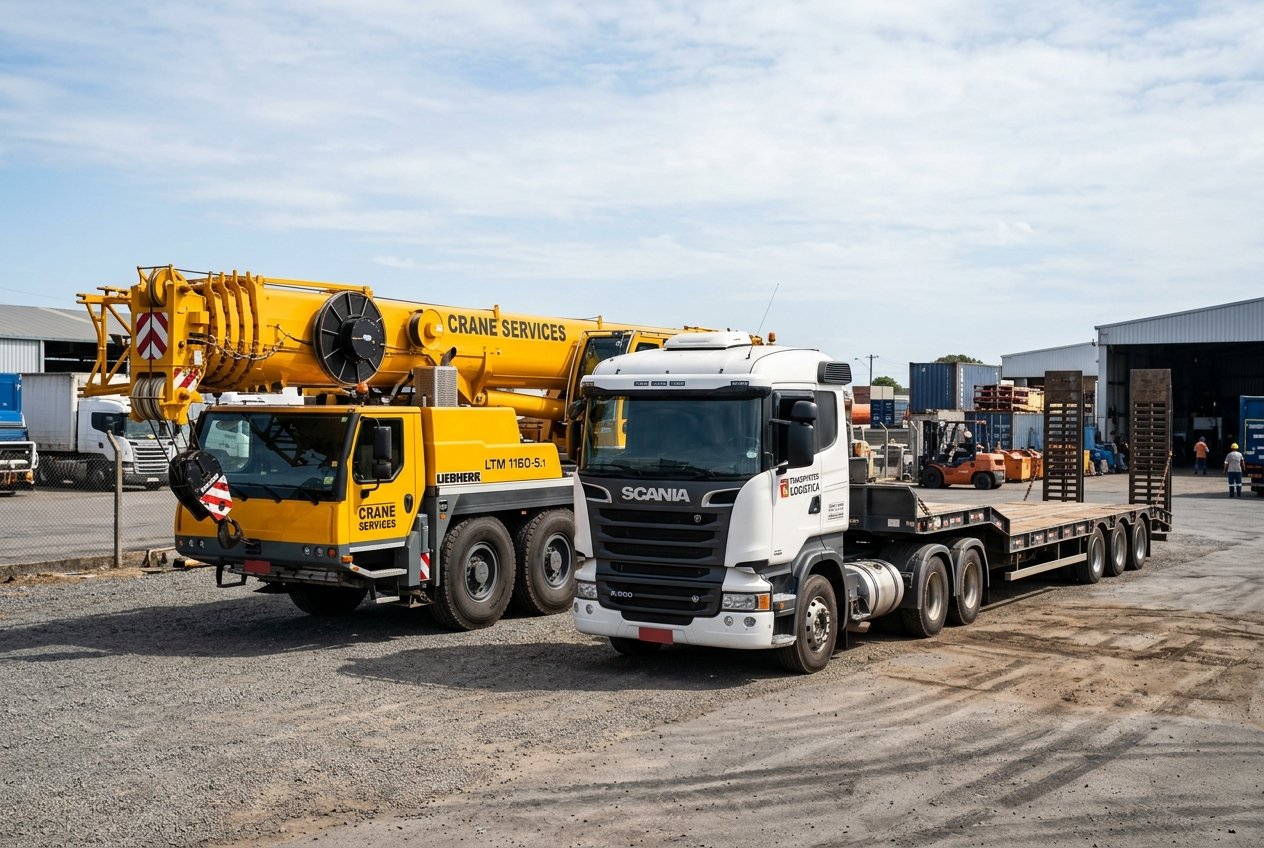 Guindaste amarelo e caminhão prancha estacionados lado a lado em um pátio logístico