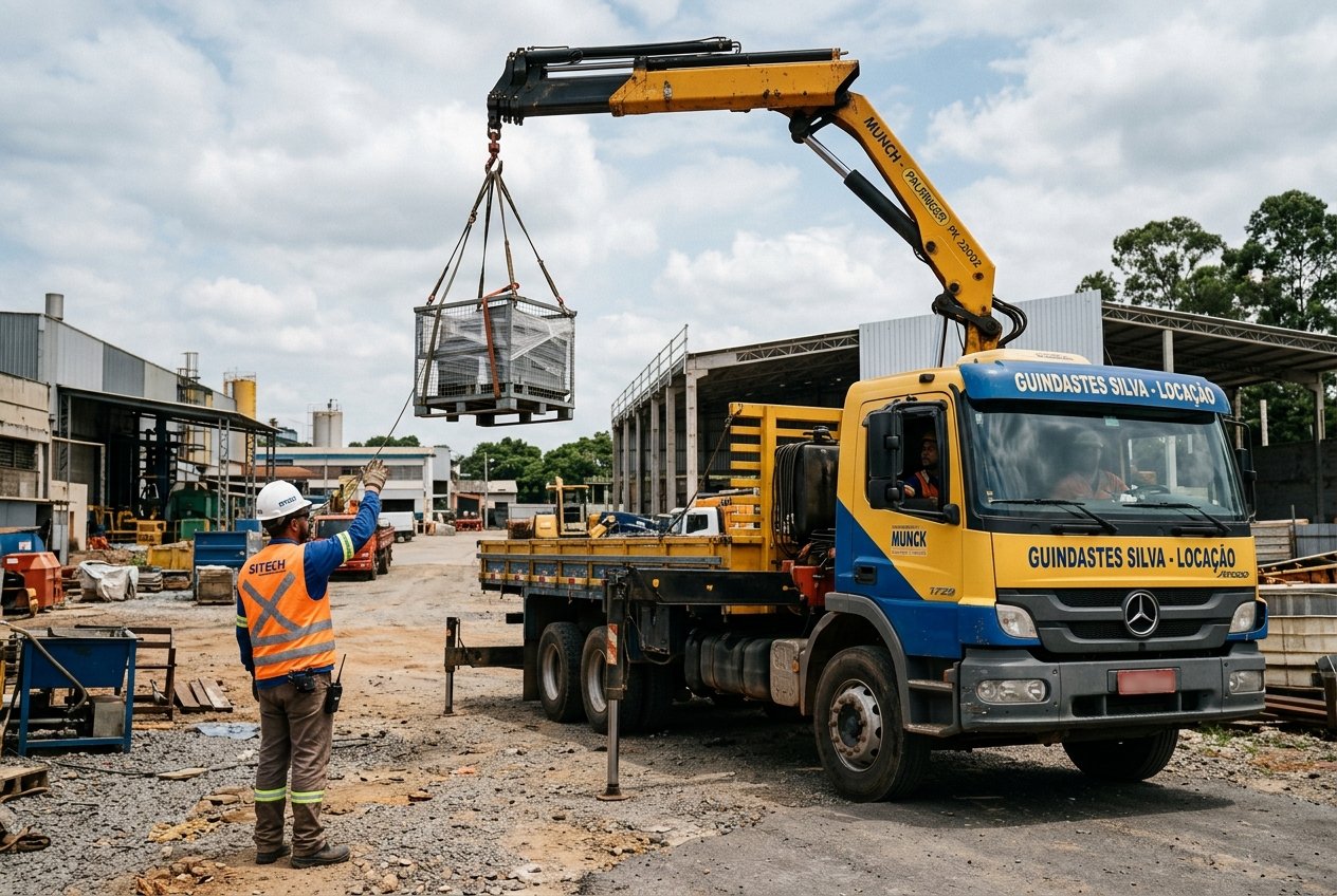 Caminhão Munck içando carga com a lança articulada e um sinaleiro com EPI orientando ao lado