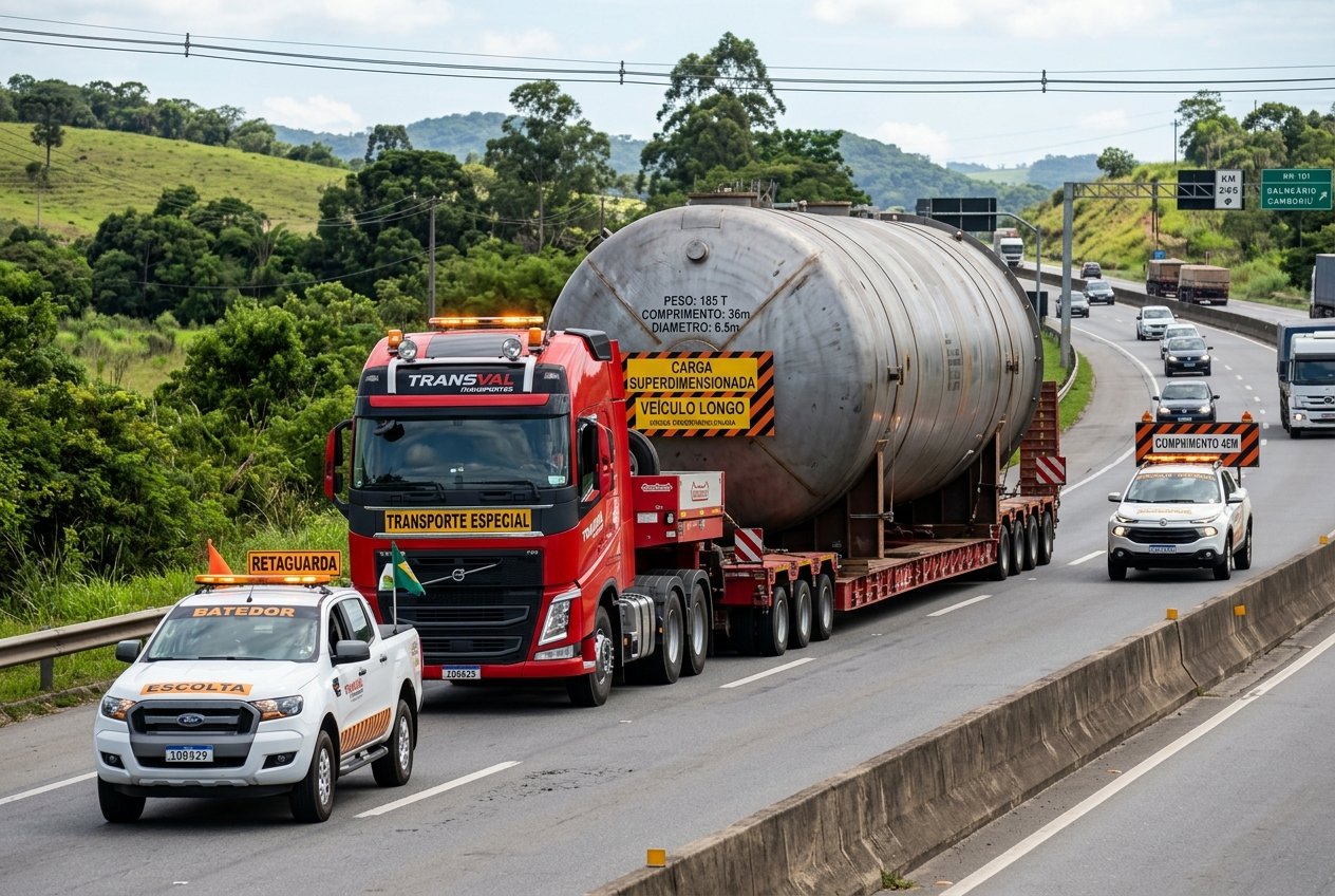 Comboio com caminhão transportando tanque gigante na rodovia, acompanhado de carros batedores
